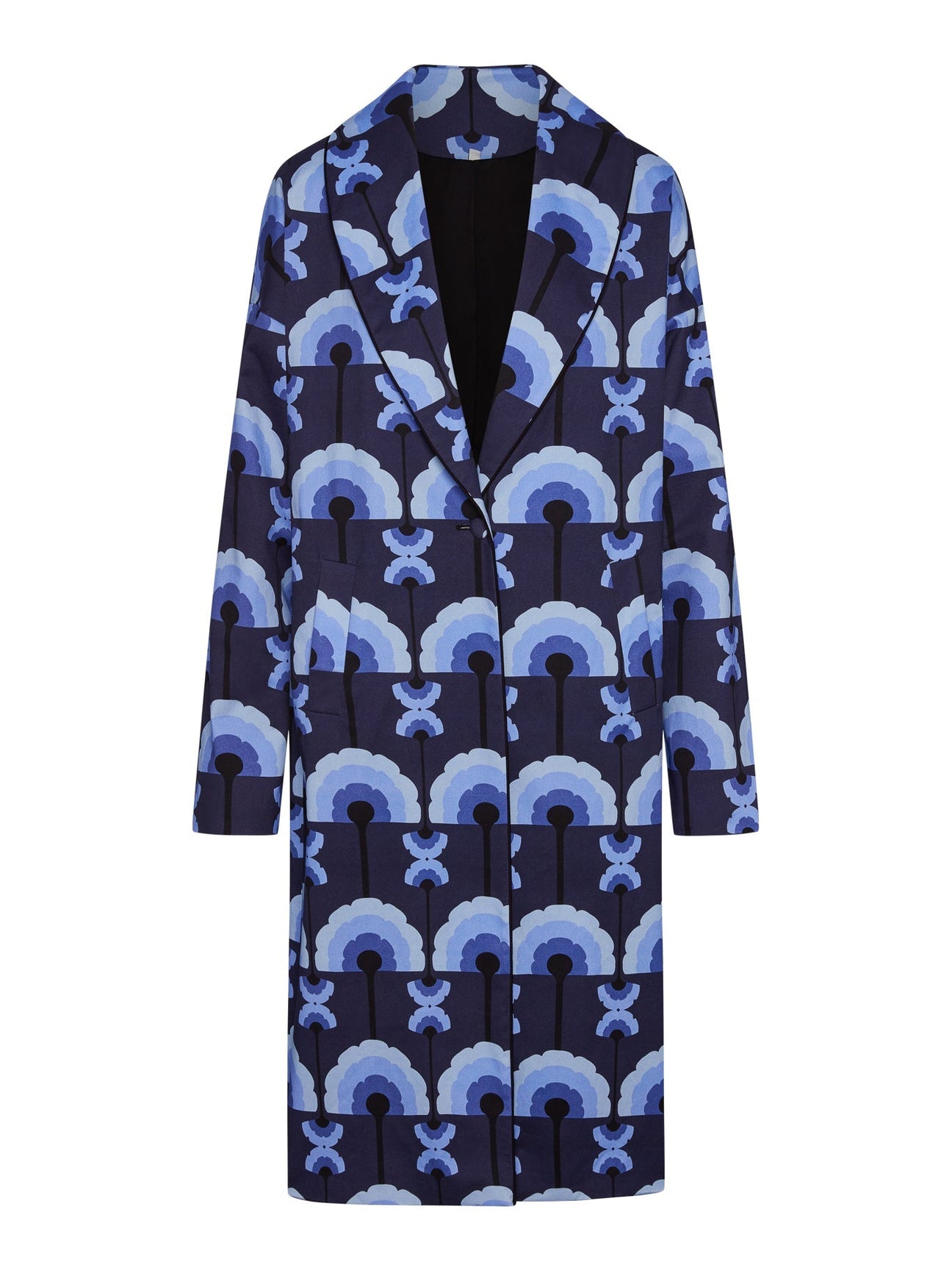 Flat product shot showing the shawl collar and single-button closure, Midnight Plumes brushed cotton car coat