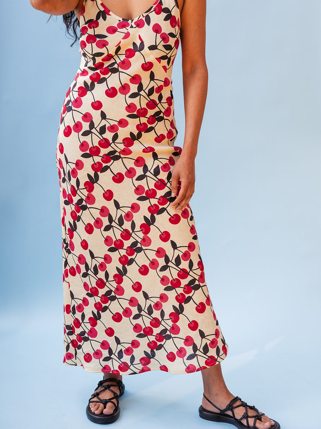 Full-length front view, Cherry Coupe organic linen sundress