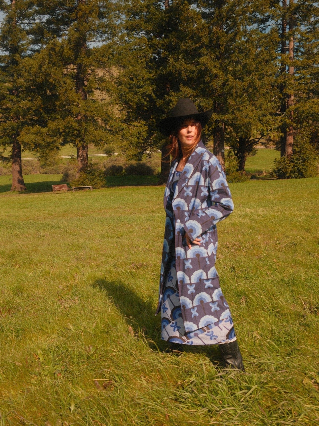 Full-length view in a meadow, Midnight Plumes brushed cotton car coat