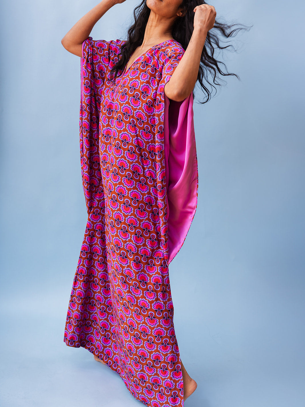 Full-length view showing the pink sleeve lining, Dahlia Seed matte viscose kaftan