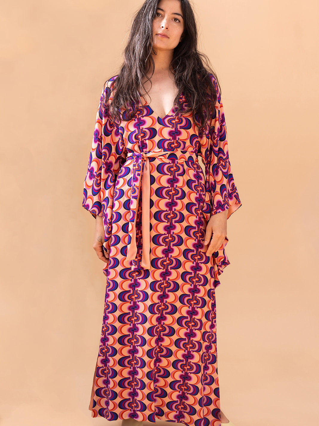 Front view with the sash tied at the waist, Good Vibrations matte viscose kaftan