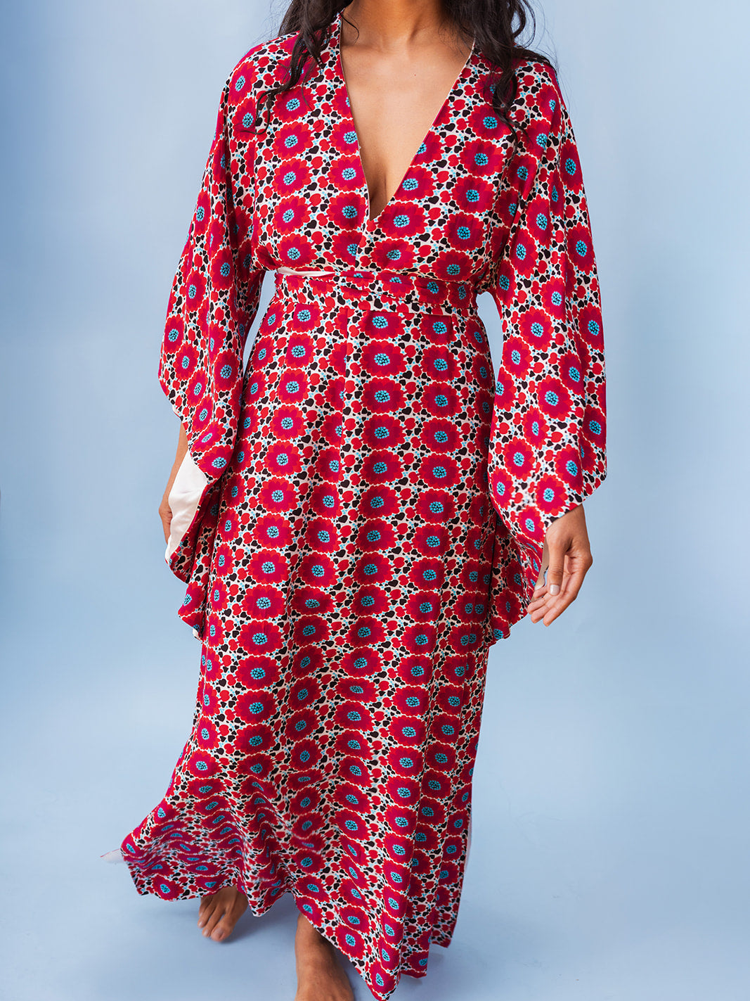 Full-length front view with the sash tied at the waist, Magnolia matte viscose kaftan