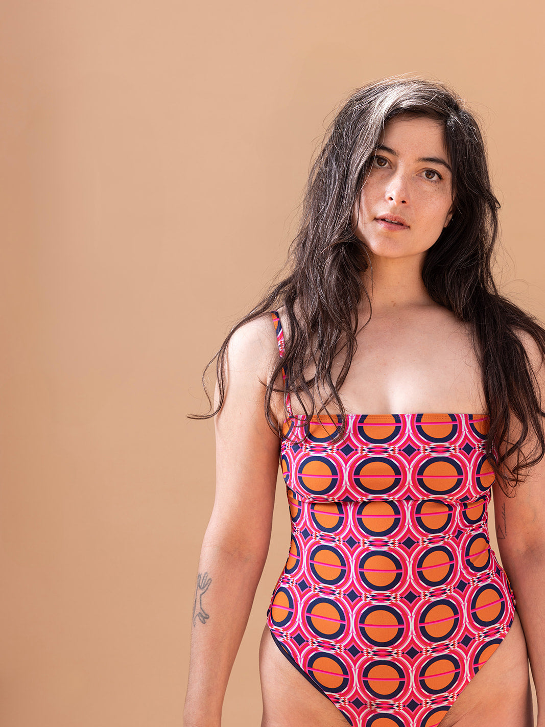 Front view showing the high French-cut leg, Moon Illusion recycled nylon swimsuit