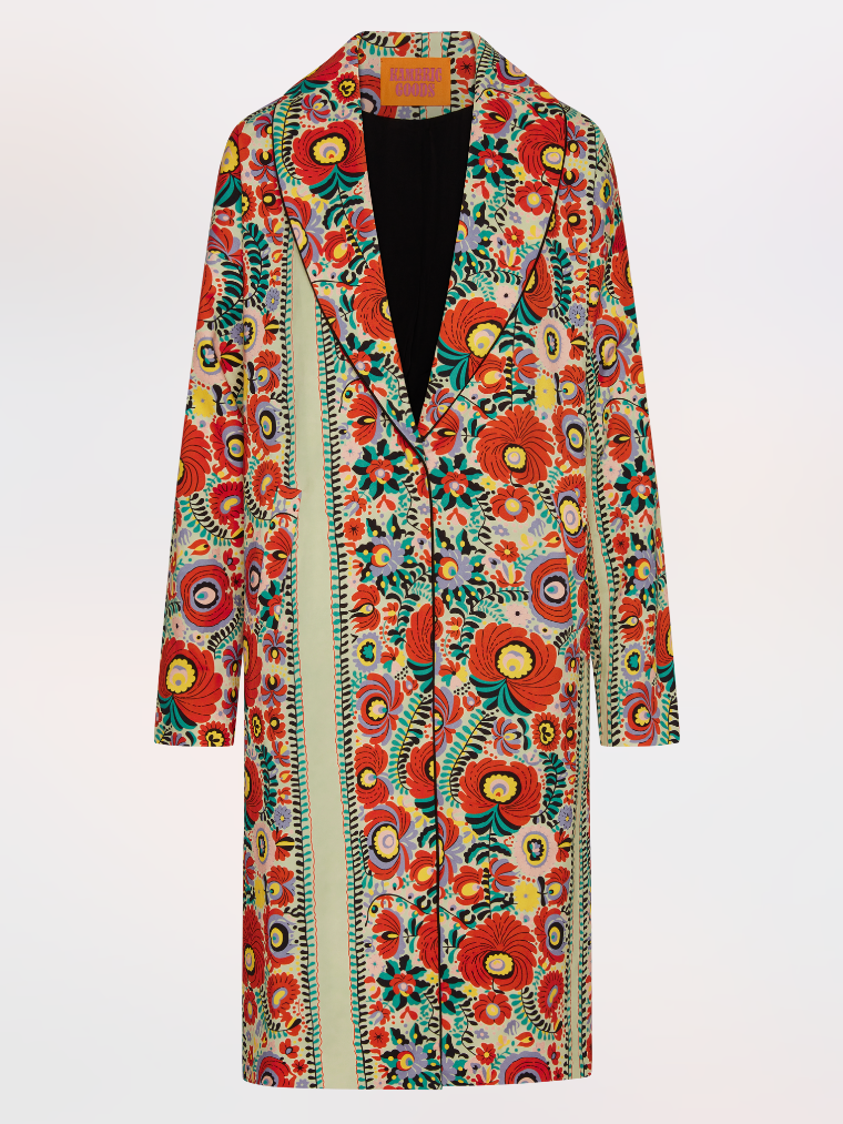 Flat product shot showing the shawl collar and single-button closure, Matyó Floral brushed cotton car coat