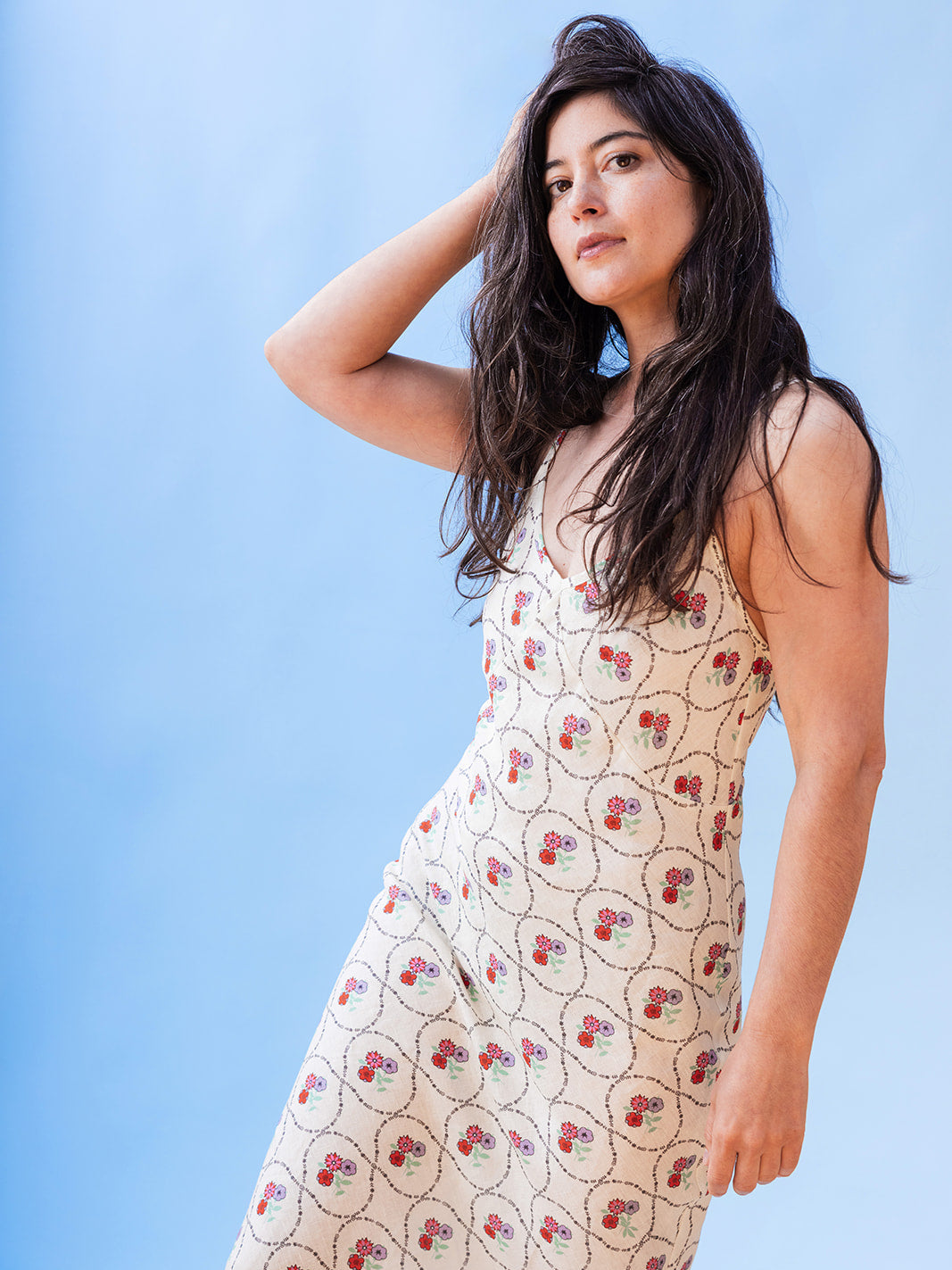 Front view showing the V-neckline, Wildflowers organic linen sundress