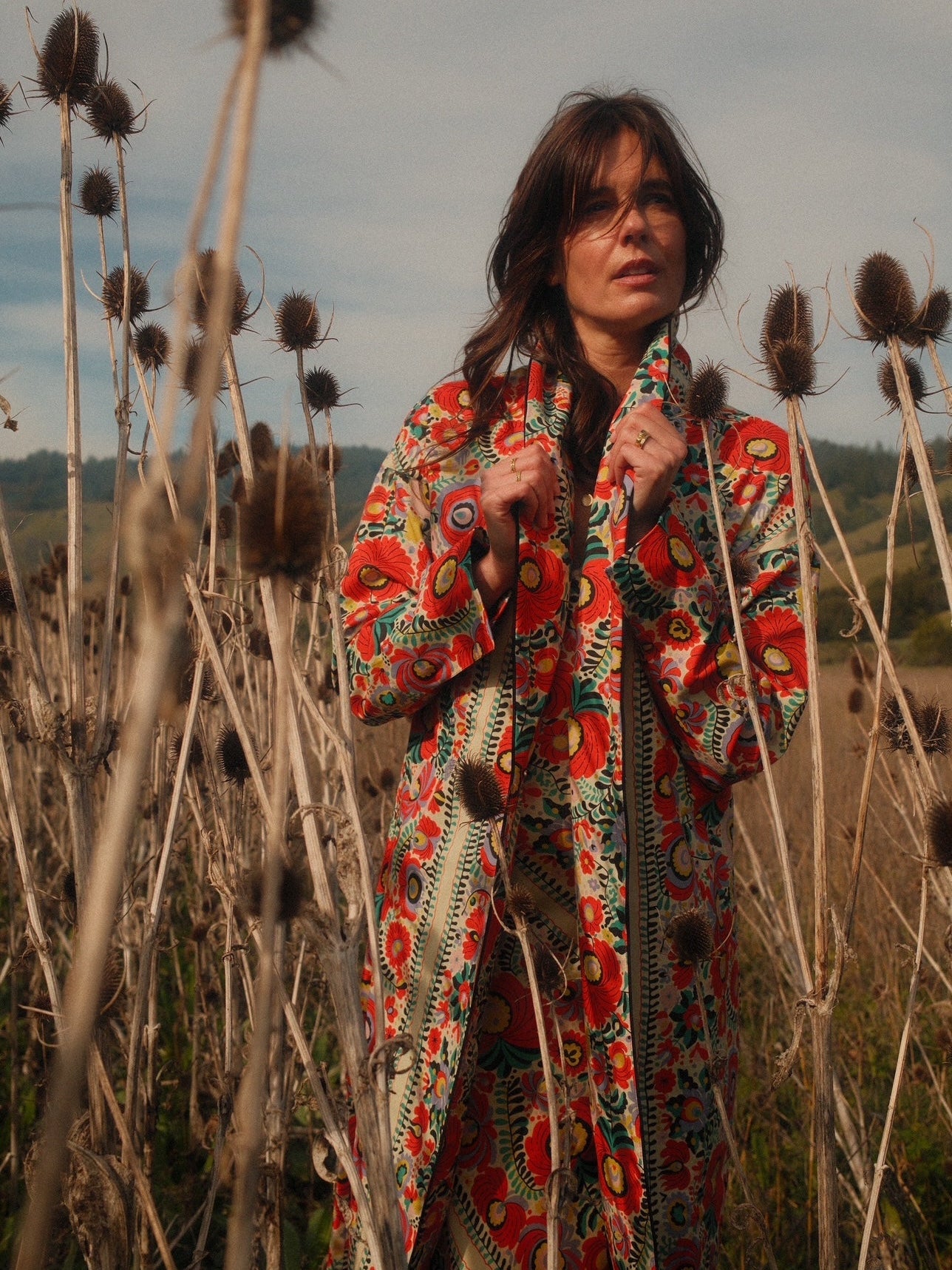 Holding the shawl collar among teasels, Matyó Floral brushed cotton car coat