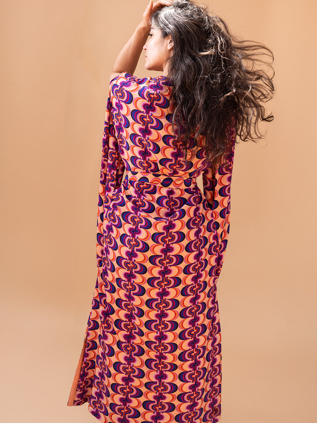 Back view showing the butterfly sleeves and side slit, Good Vibrations matte viscose kaftan